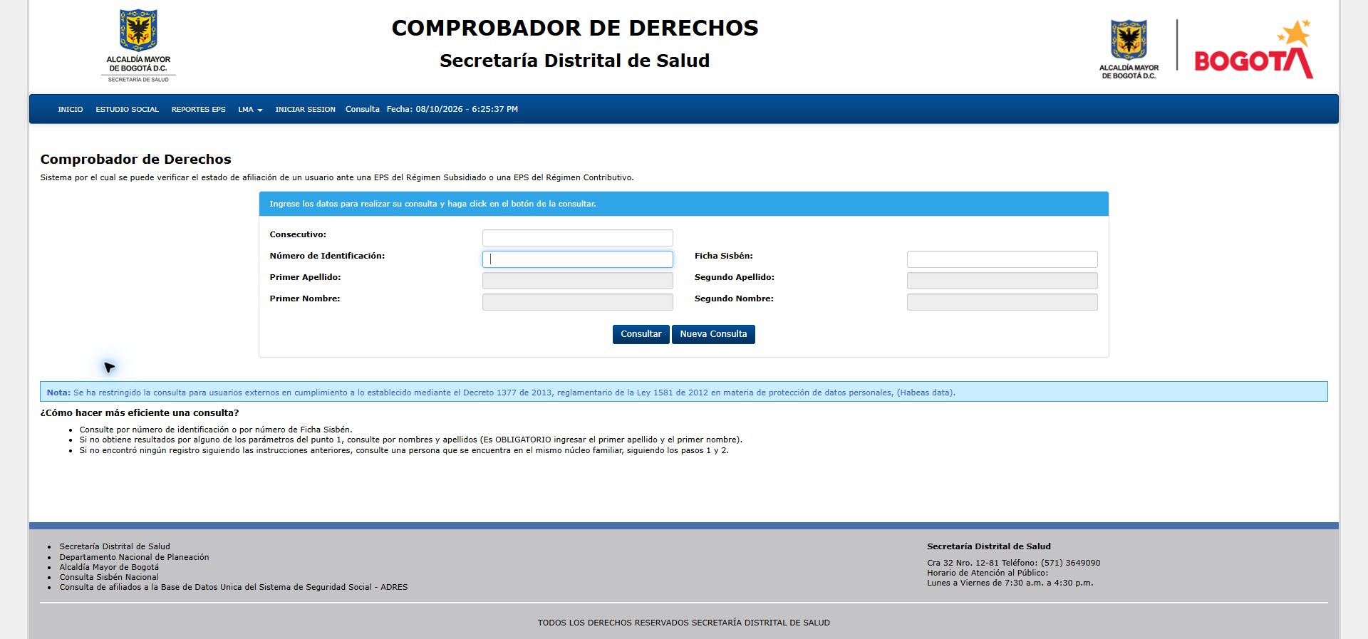Detalle real del Comprobador de Derechos: número de identificación vacío, nombres deshabilitados y botón Consultar